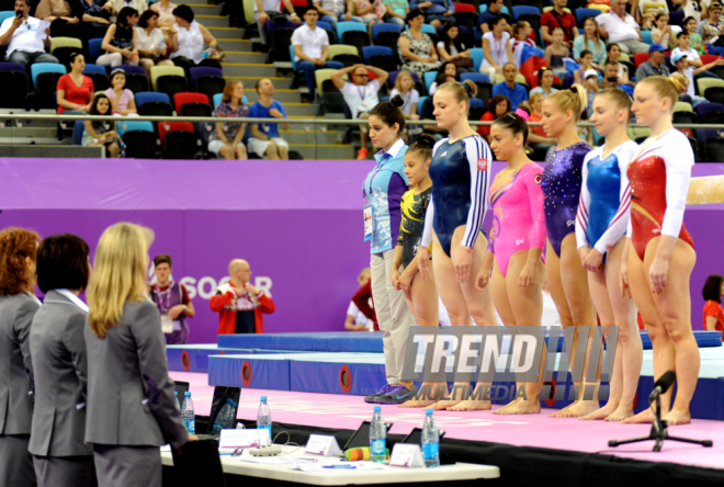 İdman gimnastikası üzrə fərdi çoxnövçülük yarışlarının finalı keçirilir. Bakı, Azərbaycan, 18 iyun 2015